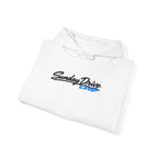 White folded hoodie with embroidered front logo and drawstring hood.