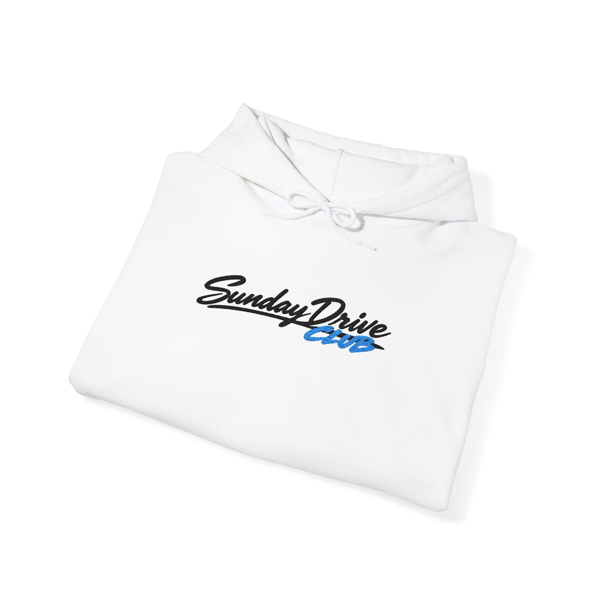 White folded hoodie with embroidered front logo and drawstring hood.