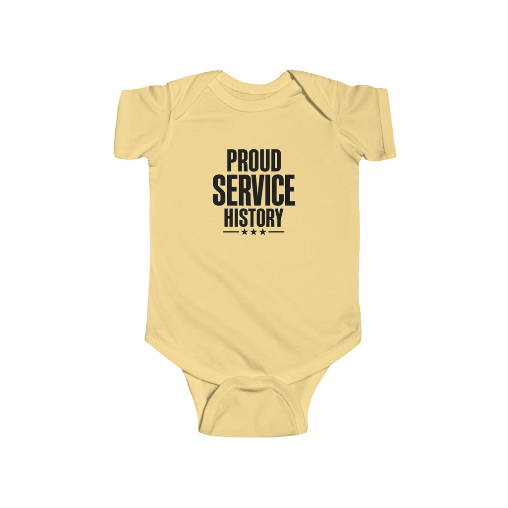 Butter yellow baby bodysuit with 'Proud Service History' chest graphic