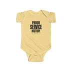Butter yellow baby bodysuit with 'Proud Service History' chest graphic