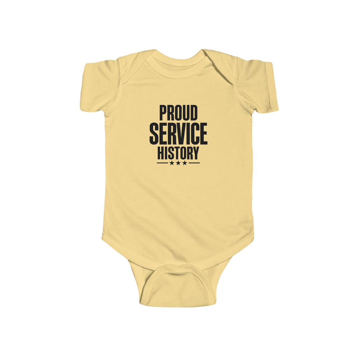 Butter yellow baby bodysuit with 'Proud Service History' chest graphic