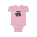Pink baby bodysuit with 'Proud Service History' chest graphic