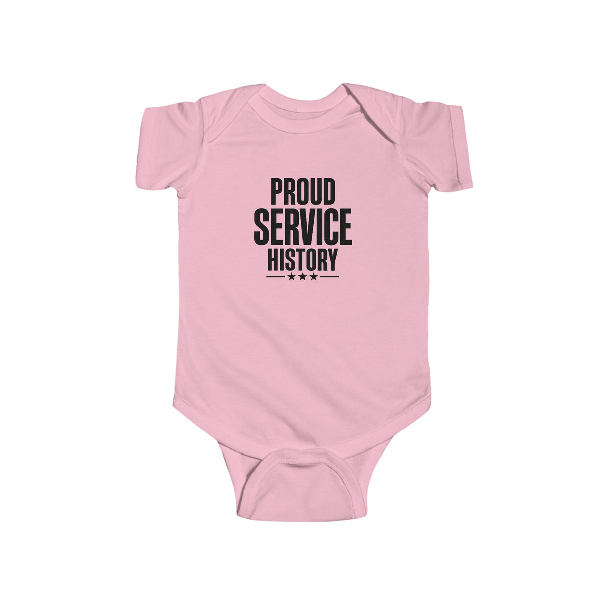 Pink baby bodysuit with 'Proud Service History' chest graphic
