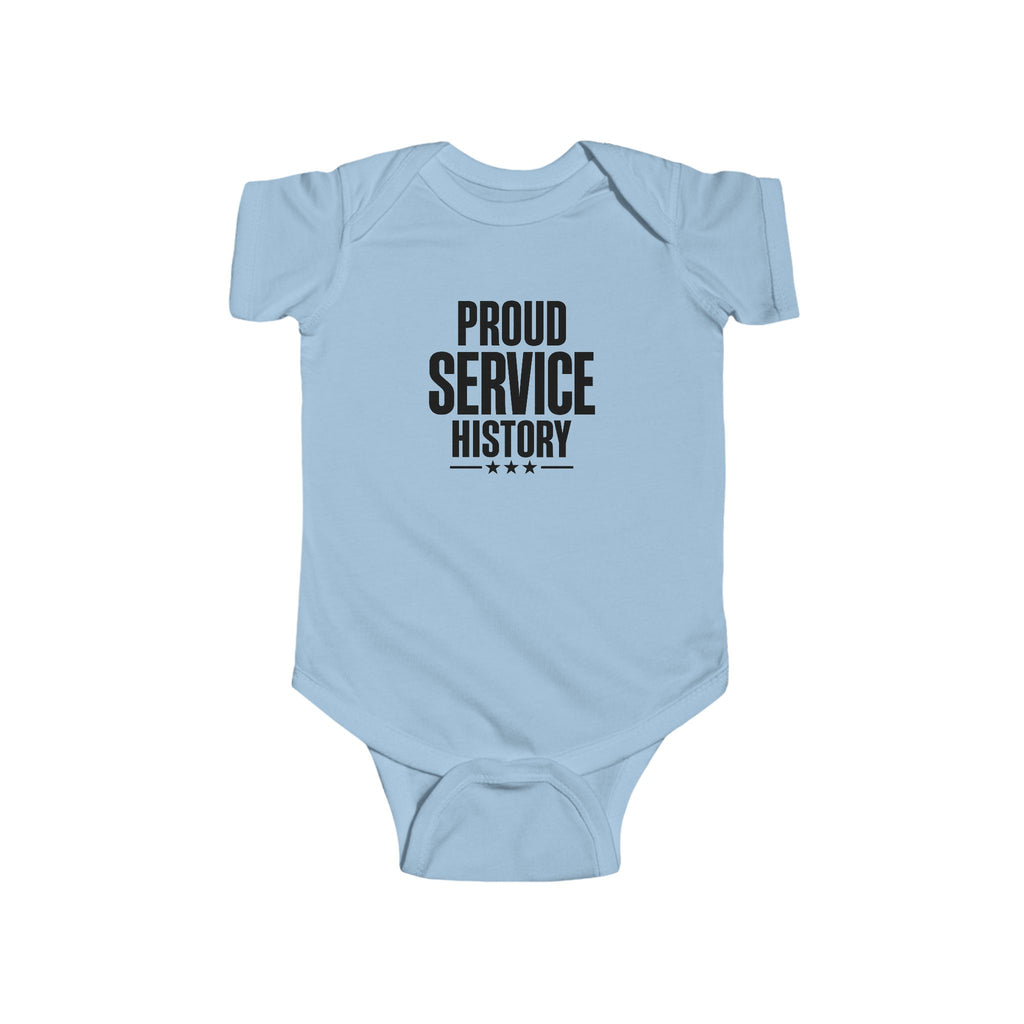 Light blue baby bodysuit with 'Proud Service History' chest graphic
