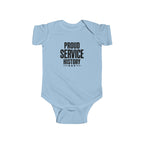Light blue baby bodysuit with 'Proud Service History' chest graphic