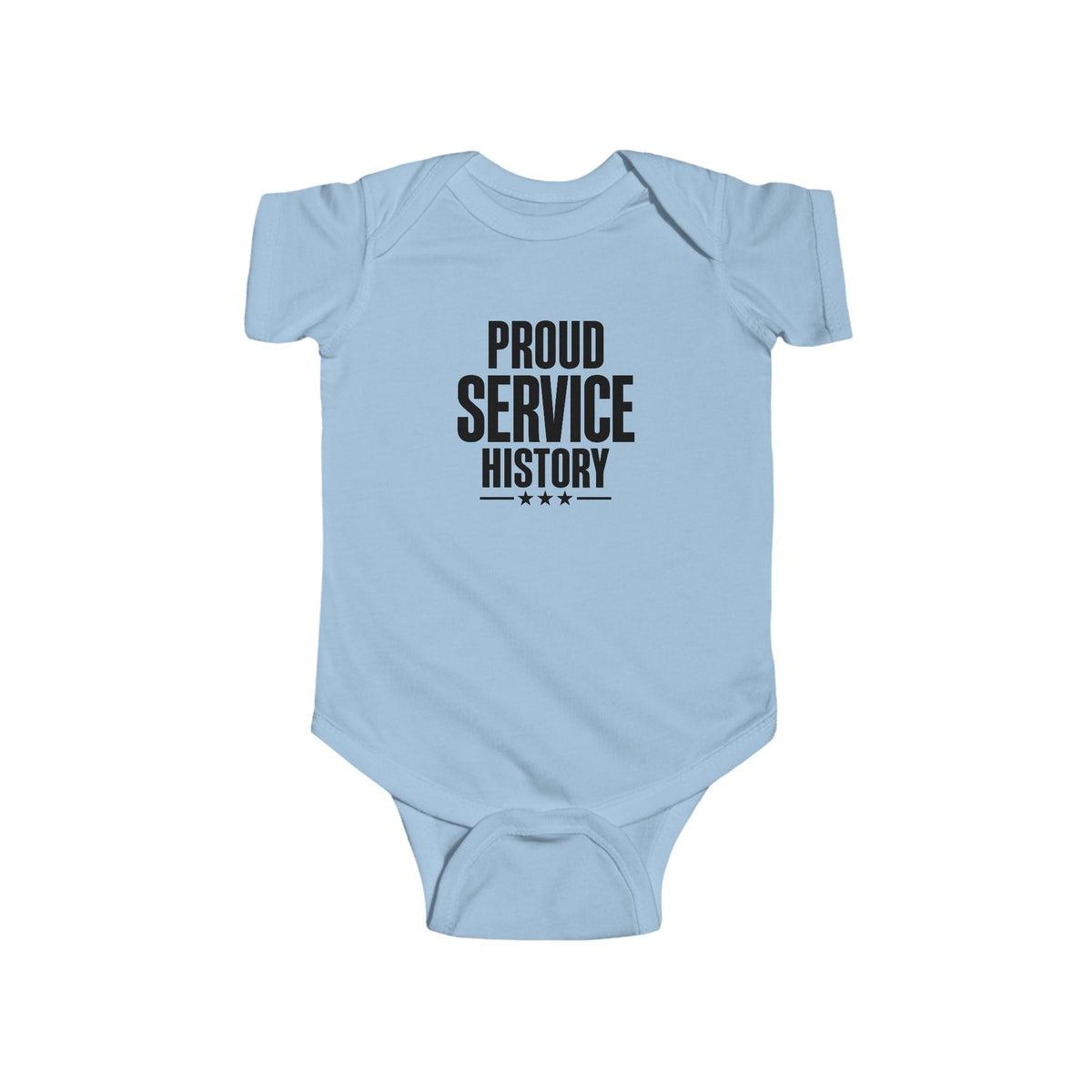 Light blue baby bodysuit with 'Proud Service History' chest graphic