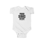 White baby bodysuit with 'Proud Service History' chest graphic