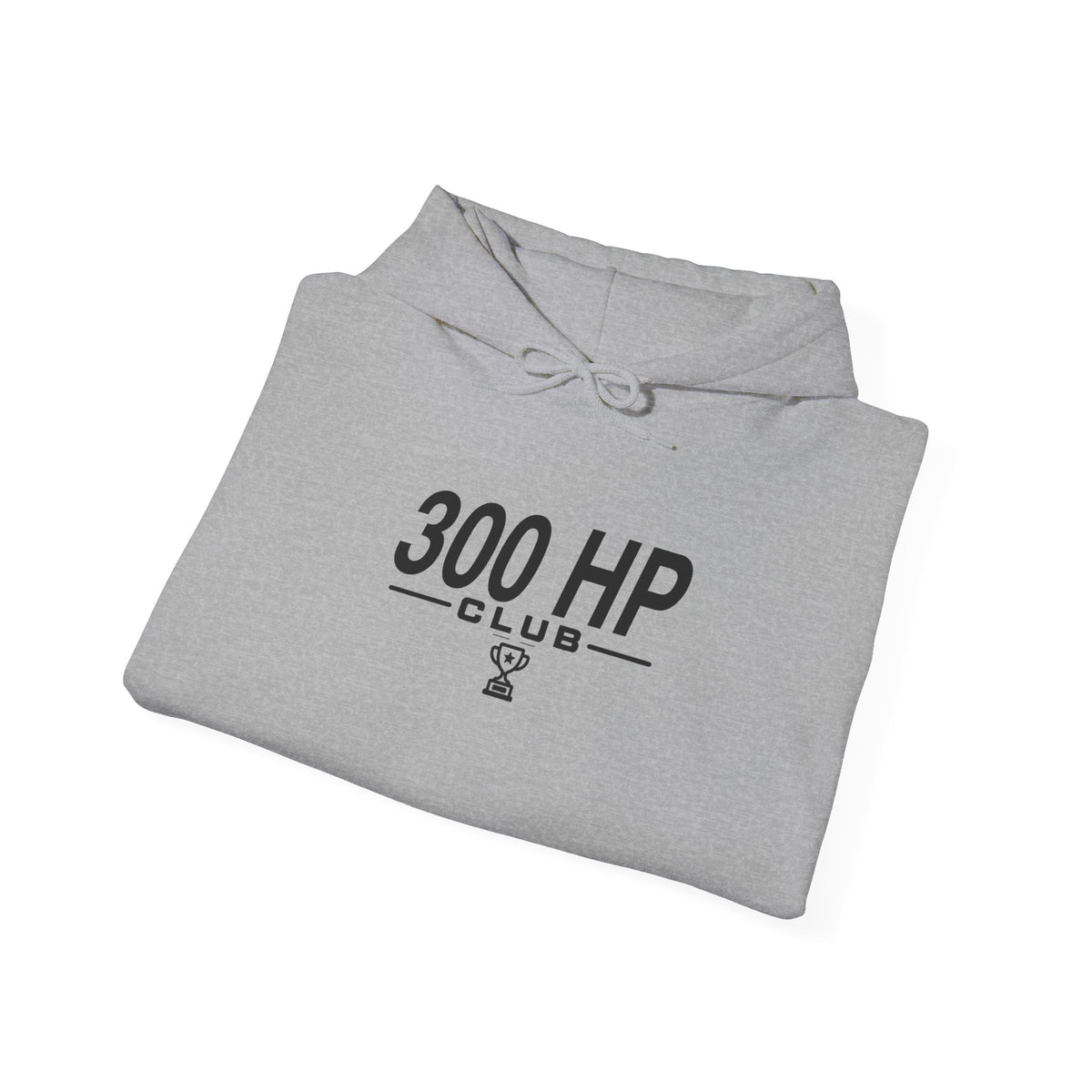 Sport grey hoodie folded with drawstring hood and 300 HP Club graphic