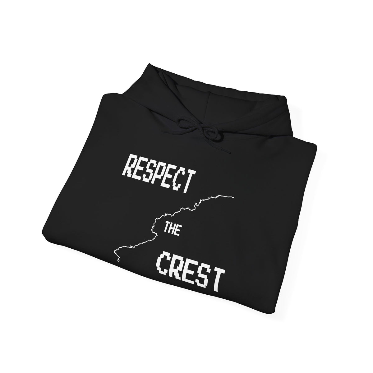 Black pullover hoodie folded flat with front graphic print and drawstring hood