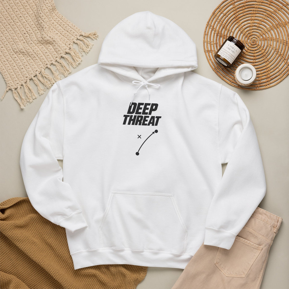 White hoodie with DEEP THREAT logo graphic, drawstring hood, and kangaroo pocket