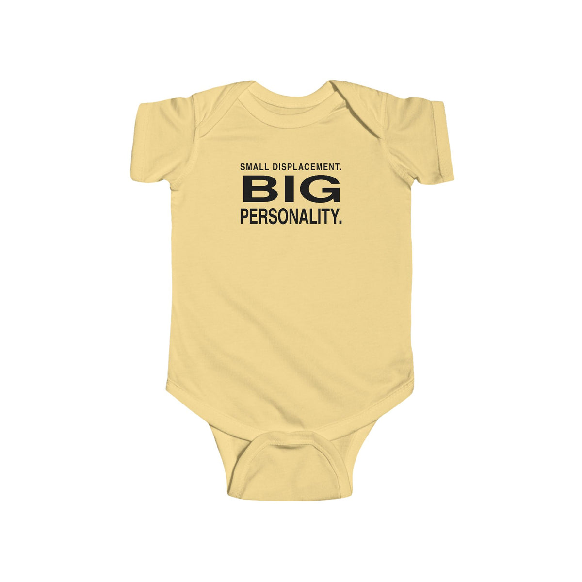 Butter yellow baby bodysuit with short sleeves and front slogan graphic