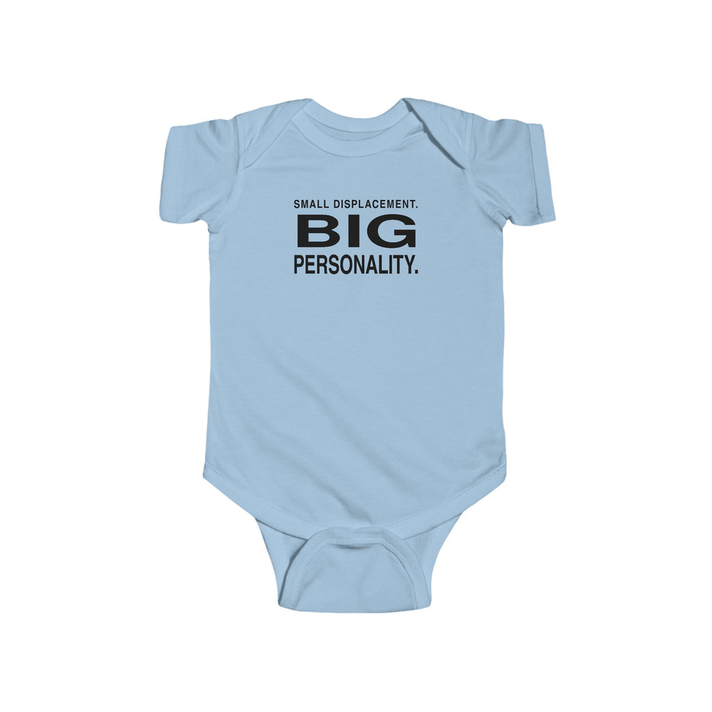 Light blue baby bodysuit with short sleeves and front slogan graphic