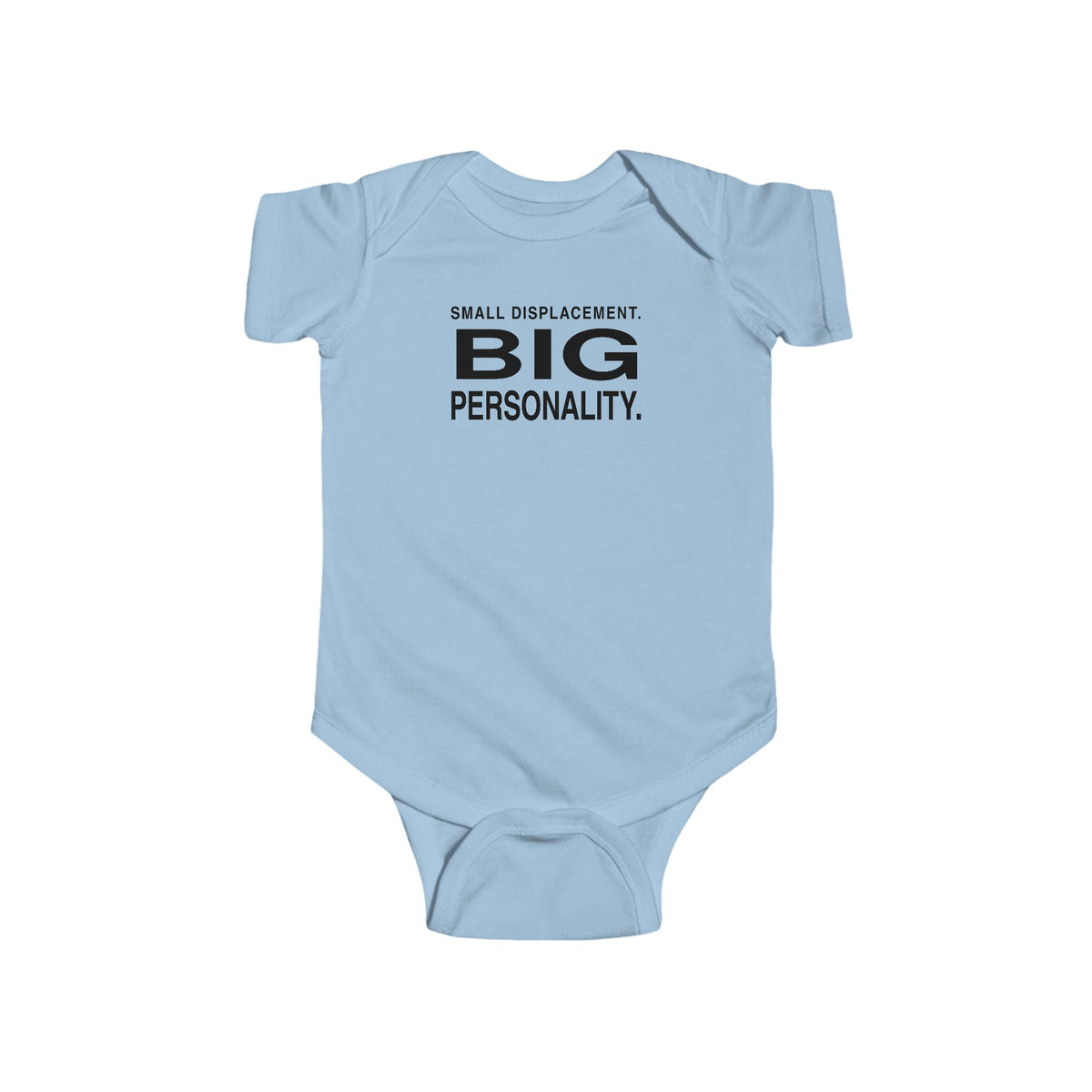 Light blue baby bodysuit with short sleeves and front slogan graphic