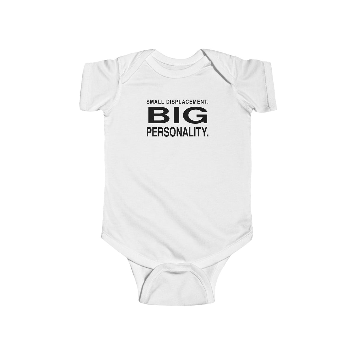 White baby bodysuit with short sleeves and front slogan graphic