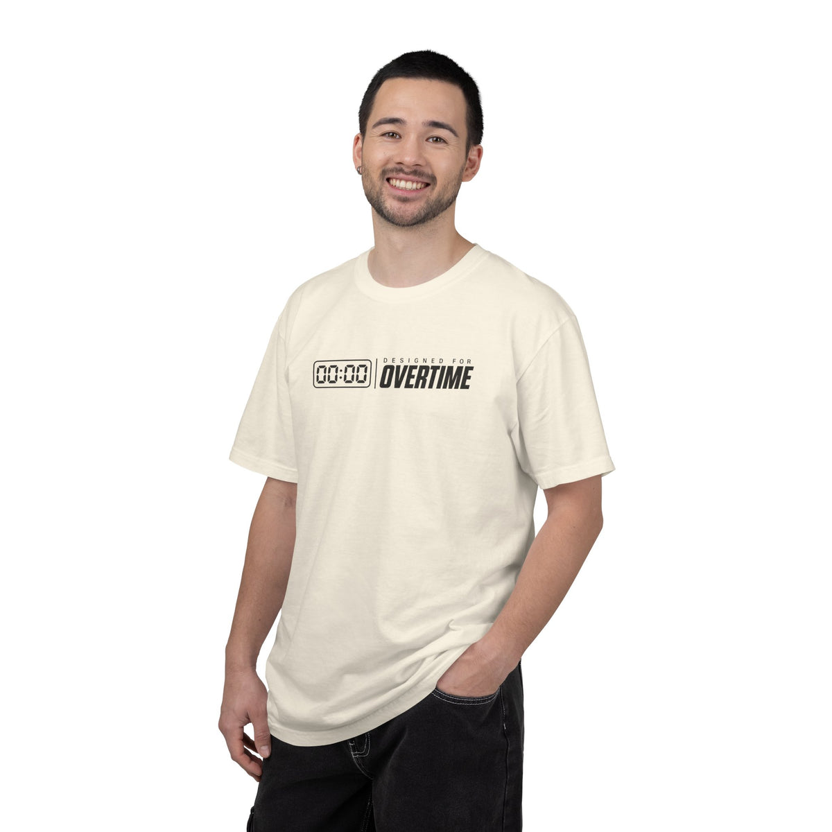 Ivory crew-neck graphic T-shirt with OVERTIME clock-style logo on model