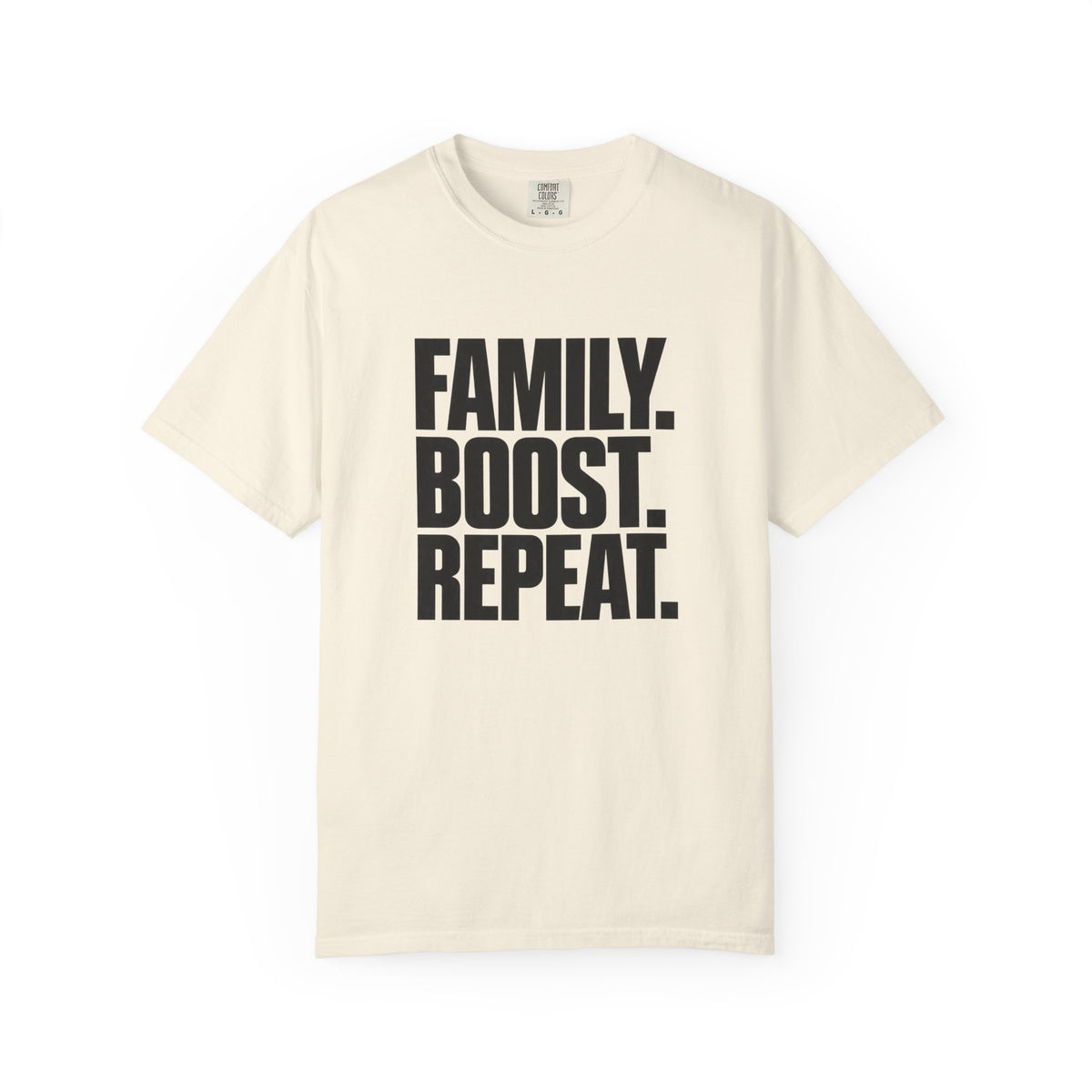 Ivory graphic slogan T-shirt with stacked text design on the front