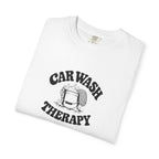 White crewneck T-shirt featuring “CAR WASH THERAPY” graphic in bold black print
