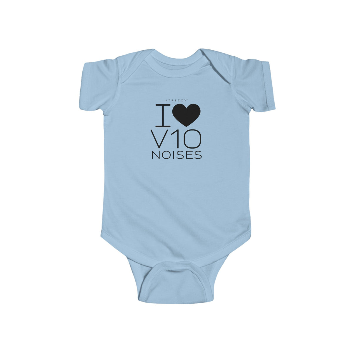 Light blue baby bodysuit with short sleeves and I Love V10 Noises heart graphic