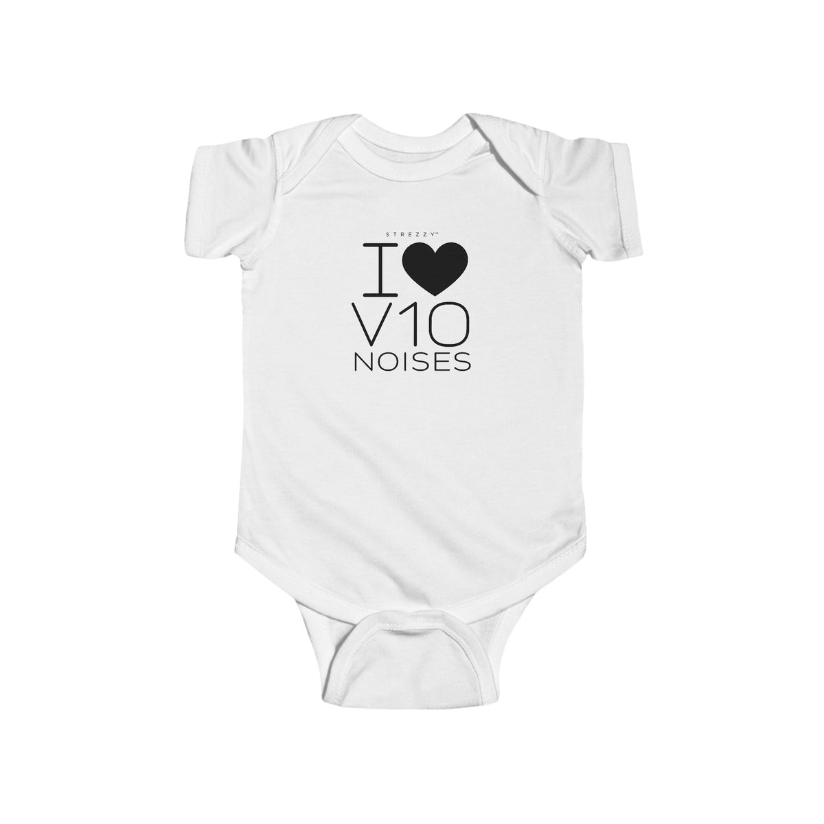 White baby bodysuit with short sleeves and I Love V10 Noises heart graphic