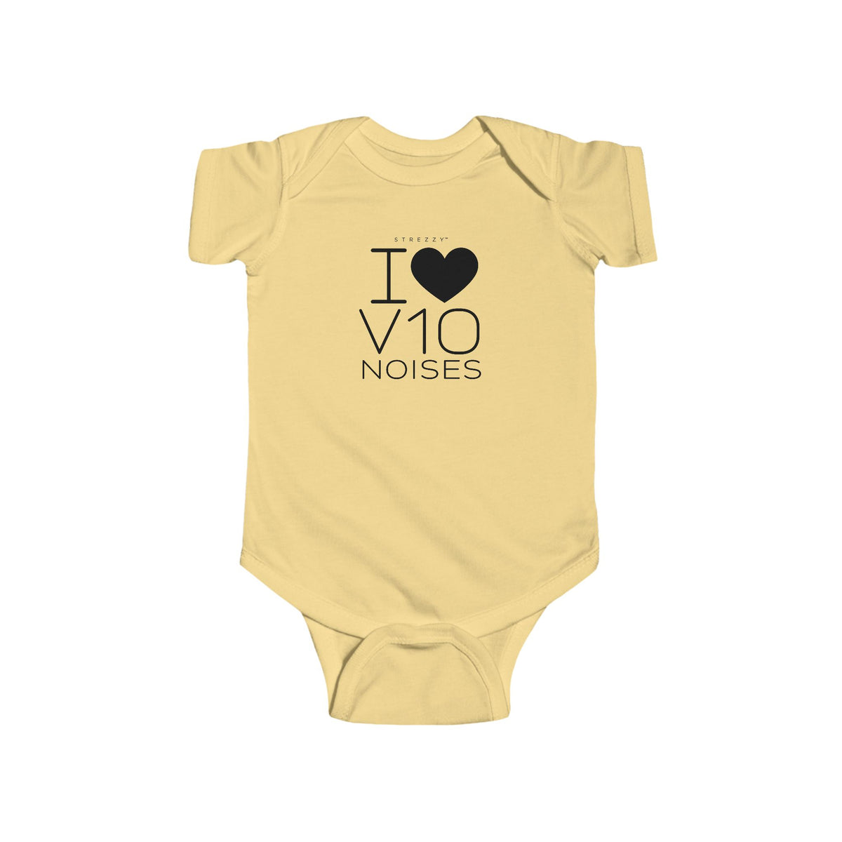 Butter yellow baby bodysuit with short sleeves and I Love V10 Noises heart graphic