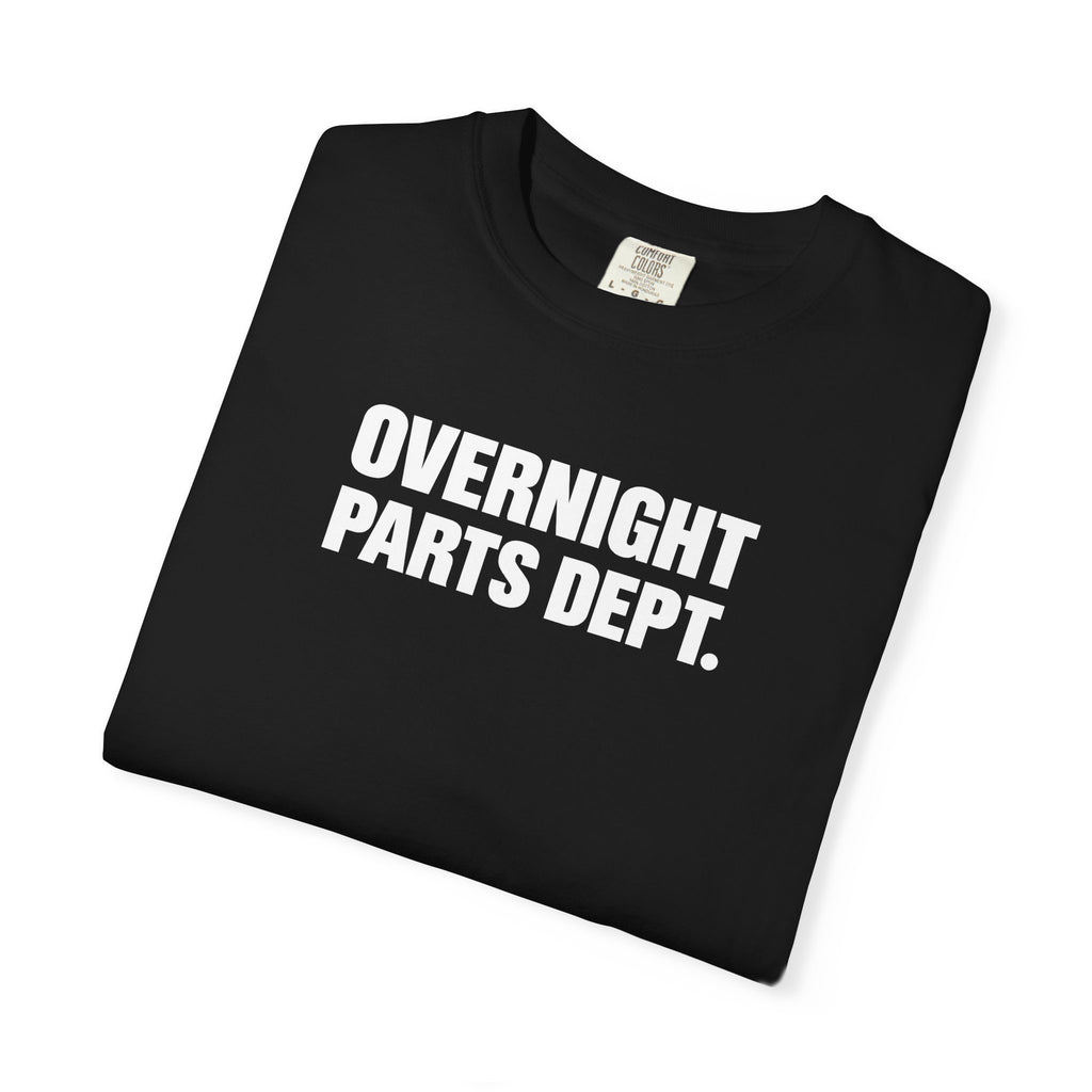 Black crew-neck T-shirt, folded, showing "OVERNIGHT PARTS DEPT." logo