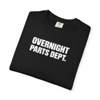 Black crew-neck T-shirt, folded, showing "OVERNIGHT PARTS DEPT." logo