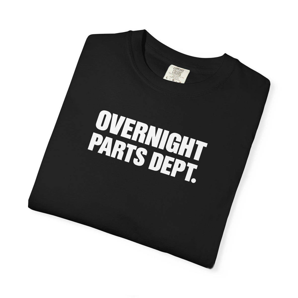 Black crew-neck T-shirt, folded, showing "OVERNIGHT PARTS DEPT." logo