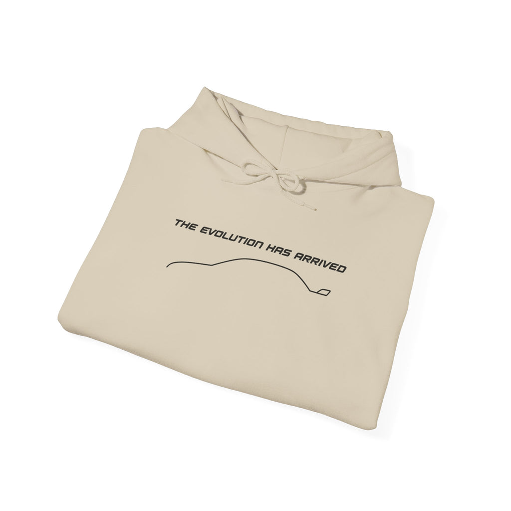 Sand pullover hoodie with drawstring hood and chest text graphic, folded