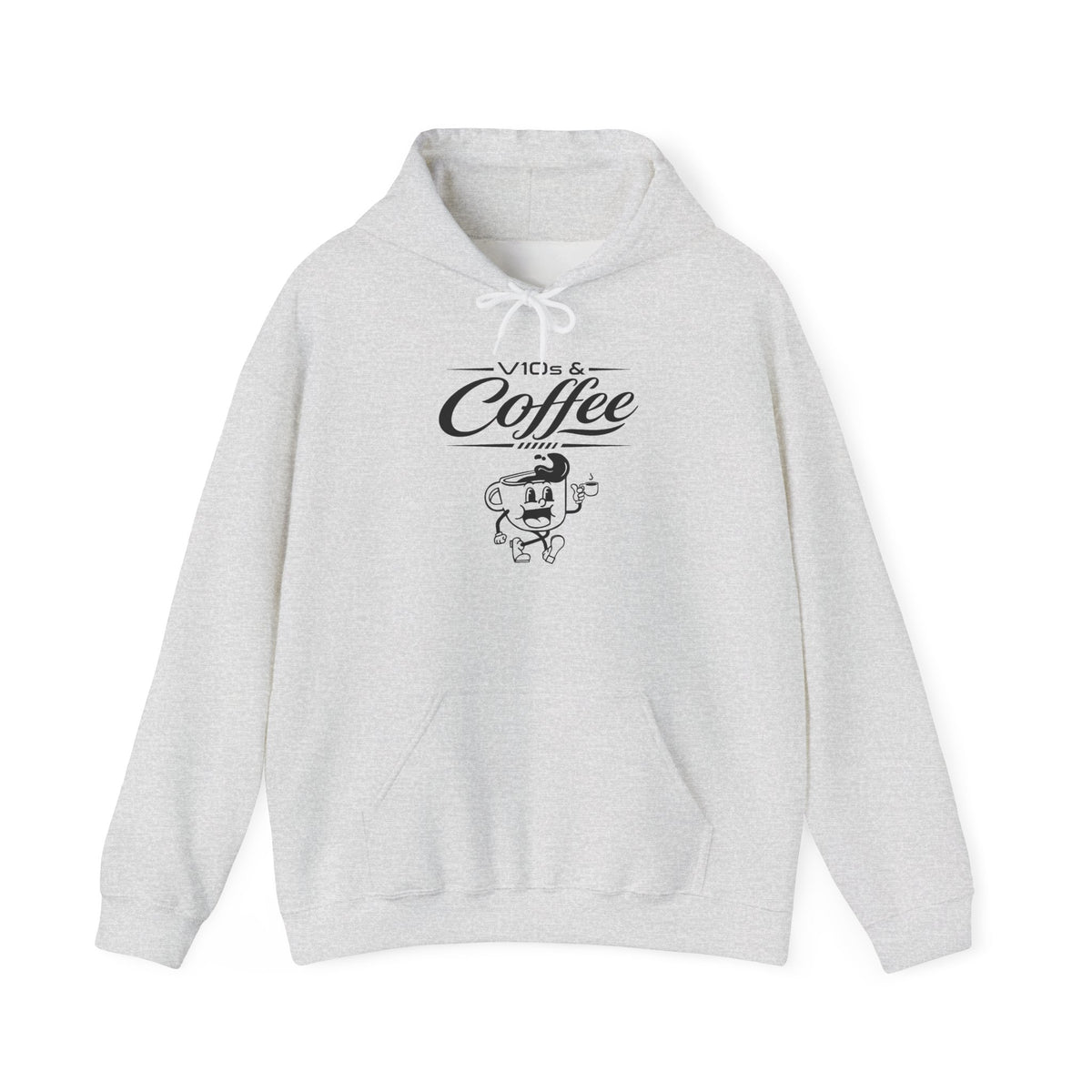 Ash gray pullover hoodie with hood, drawstring, kangaroo pocket, and Coffee logo graphic