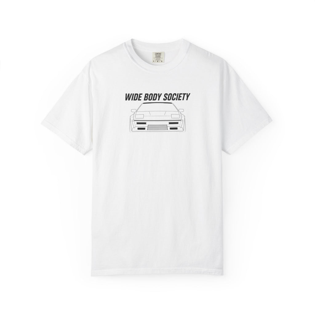 White JDM t-shirt, front print with “WIDE BODY SOCIETY” and car graphic.