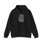Black map graphic pullover hoodie with hood and front pocket, drawstring