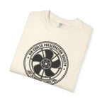 Ivory crew-neck T-shirt, folded, with circular fan logo graphic on the chest