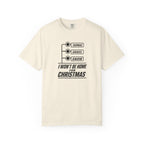 Ivory crew-neck T-shirt with TARMAC, GRAVEL, SNOW graphic and “I WON’T BE HOME FOR CHRISTMAS”.