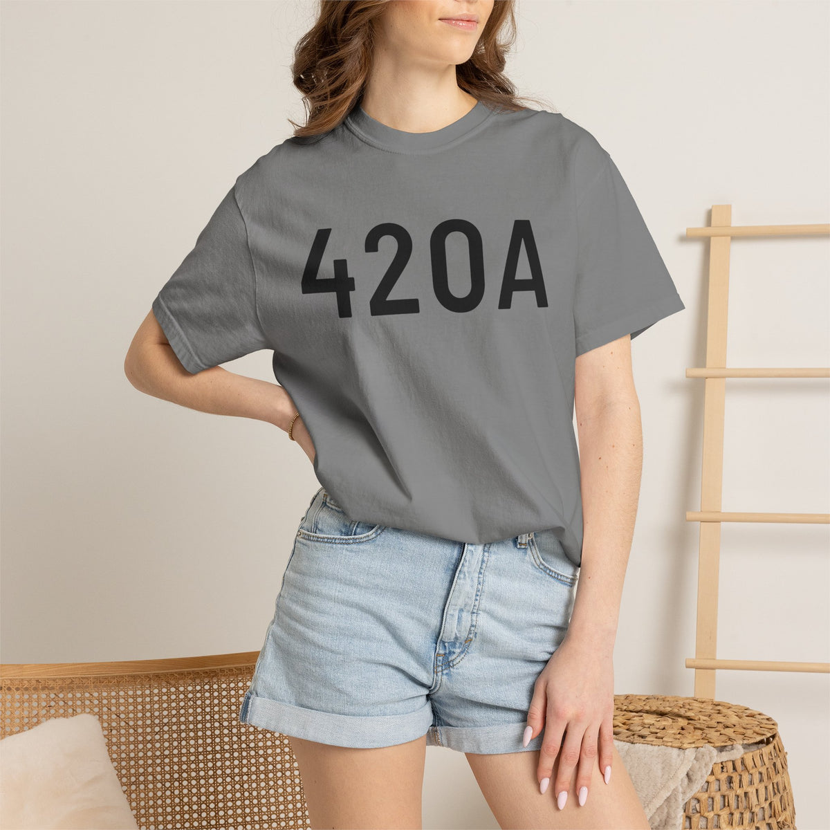 Grey 420A graphic T-shirt on model, crew neck, short sleeves