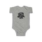 Heather gray baby bodysuit with front car quote graphic