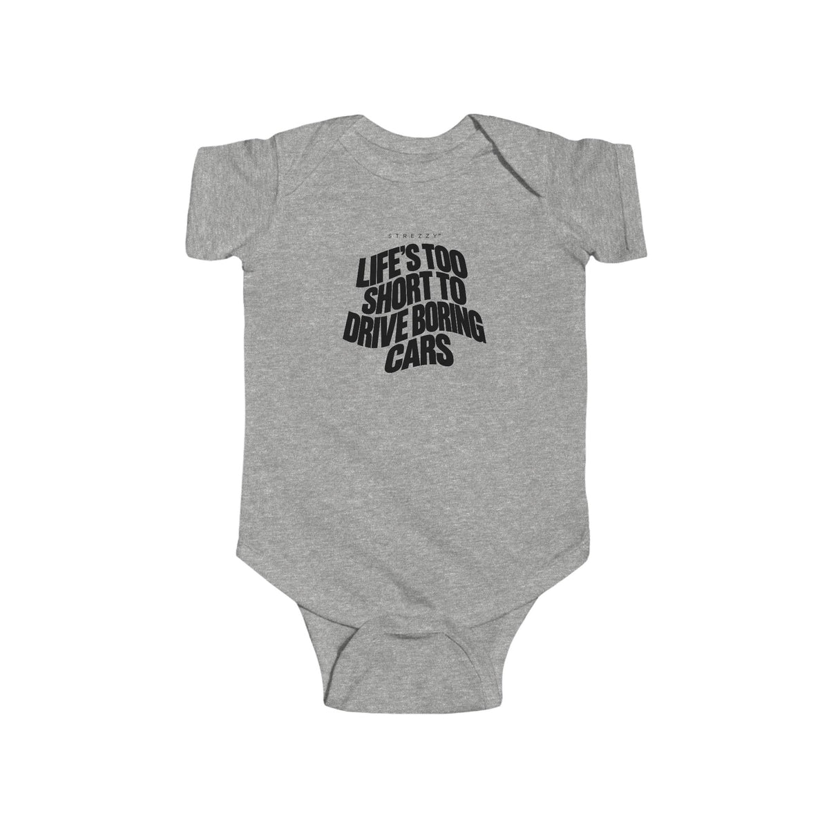 Heather gray baby bodysuit with front car quote graphic