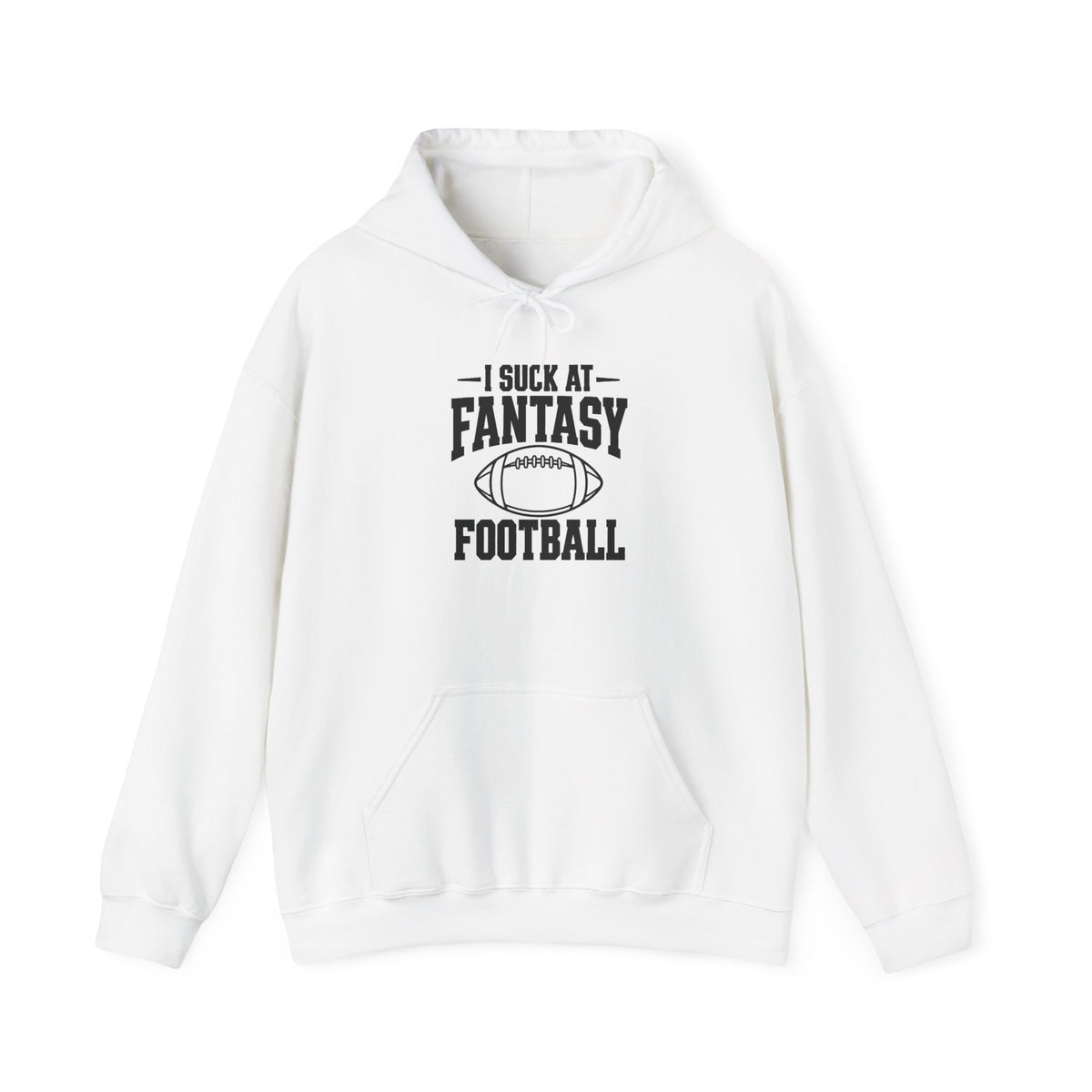 White fantasy football hoodie with hood, drawstring, and front text graphic