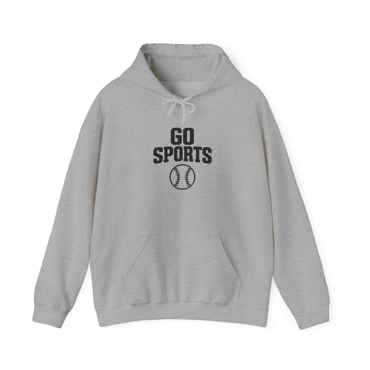Light gray baseball hoodie with front “Go Sports” graphic, drawstring hood and pocket