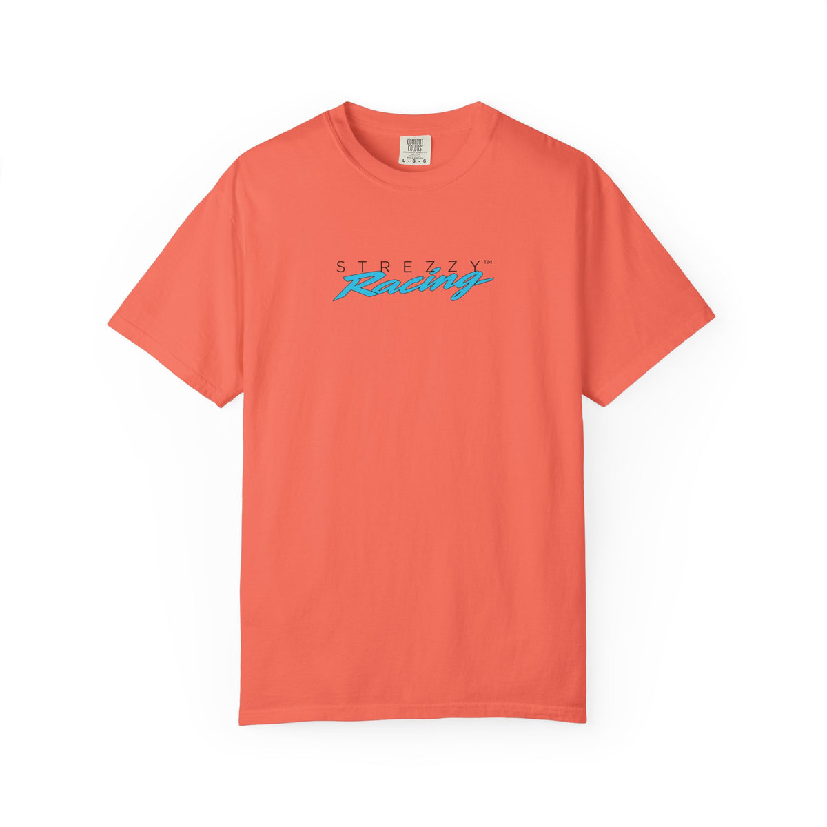 Bright salmon short-sleeve crewneck t-shirt with colorful Strezzy Racing logo on chest