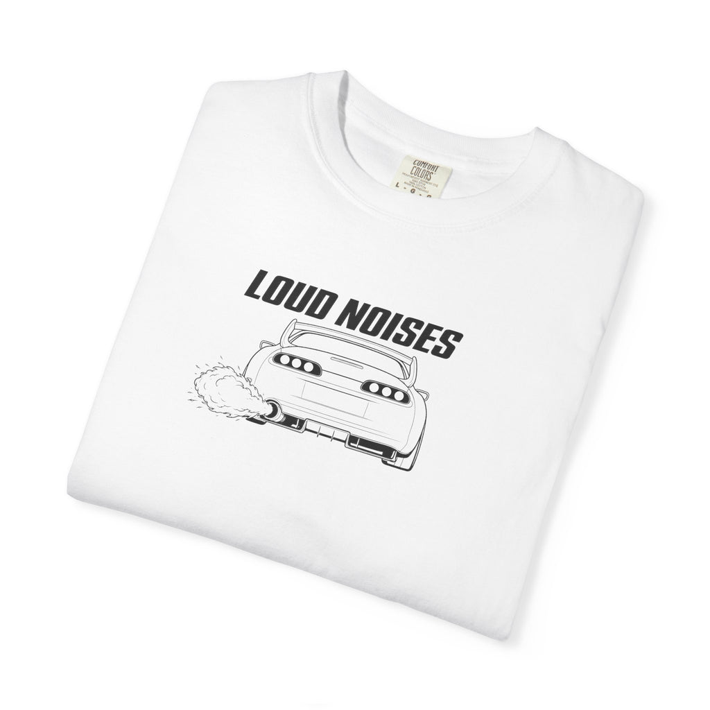 White T-shirt with 'Loud Noises' typography and car graphic, close-up