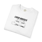 White T-shirt with 'Loud Noises' typography and car graphic, close-up