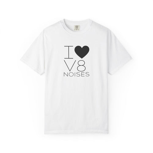 White crewneck T-shirt with 'V8 NOISES' heart graphic on front