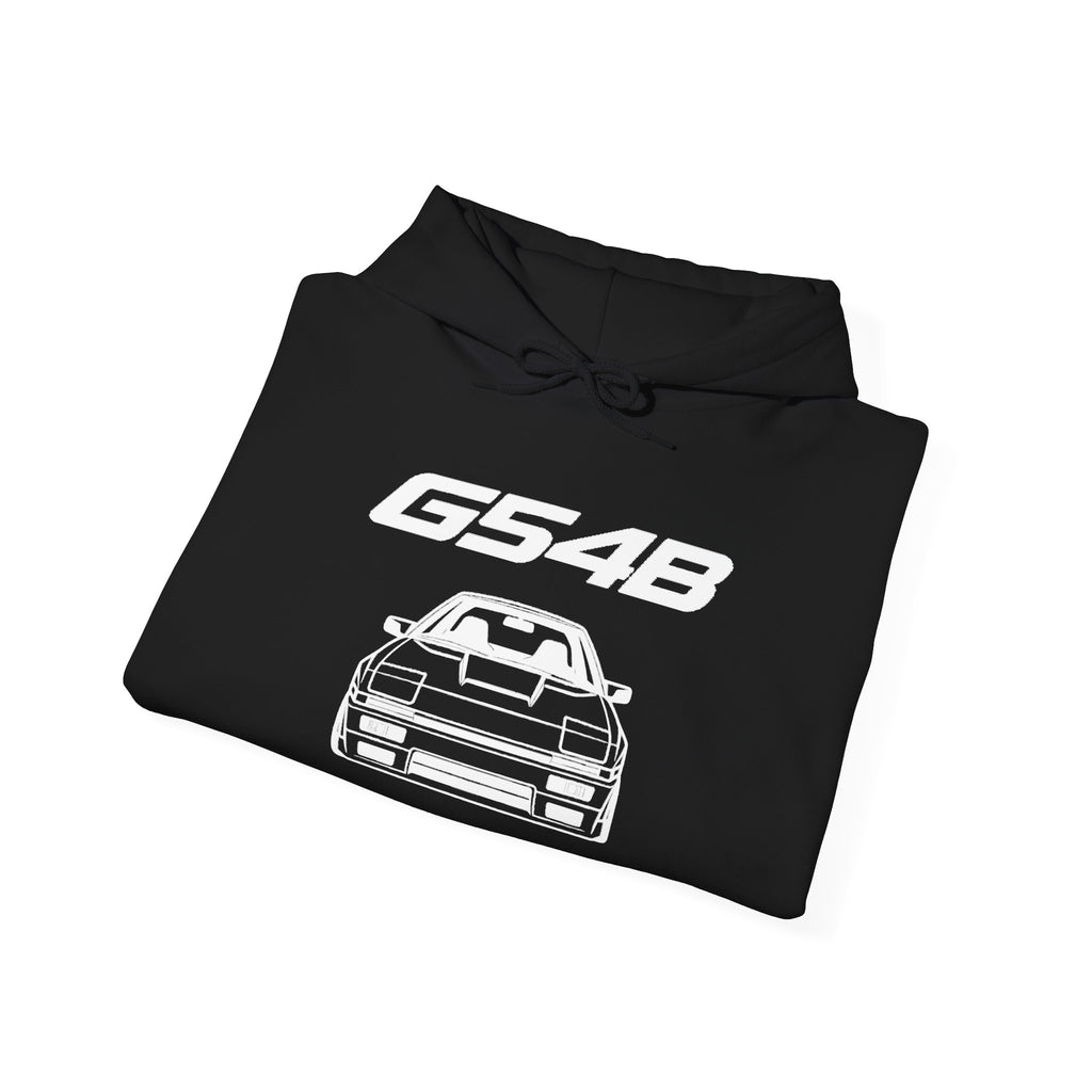 Black silhouette hoodie with G54B text and white car graphic on the front