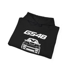 Black silhouette hoodie with G54B text and white car graphic on the front