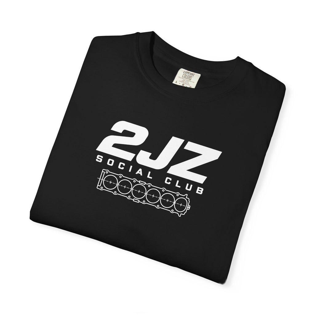 Black crew-neck T-shirt with large 2JZ Social Club logo graphic