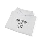 Light gray hoodie folded with front logo print and drawstring hood