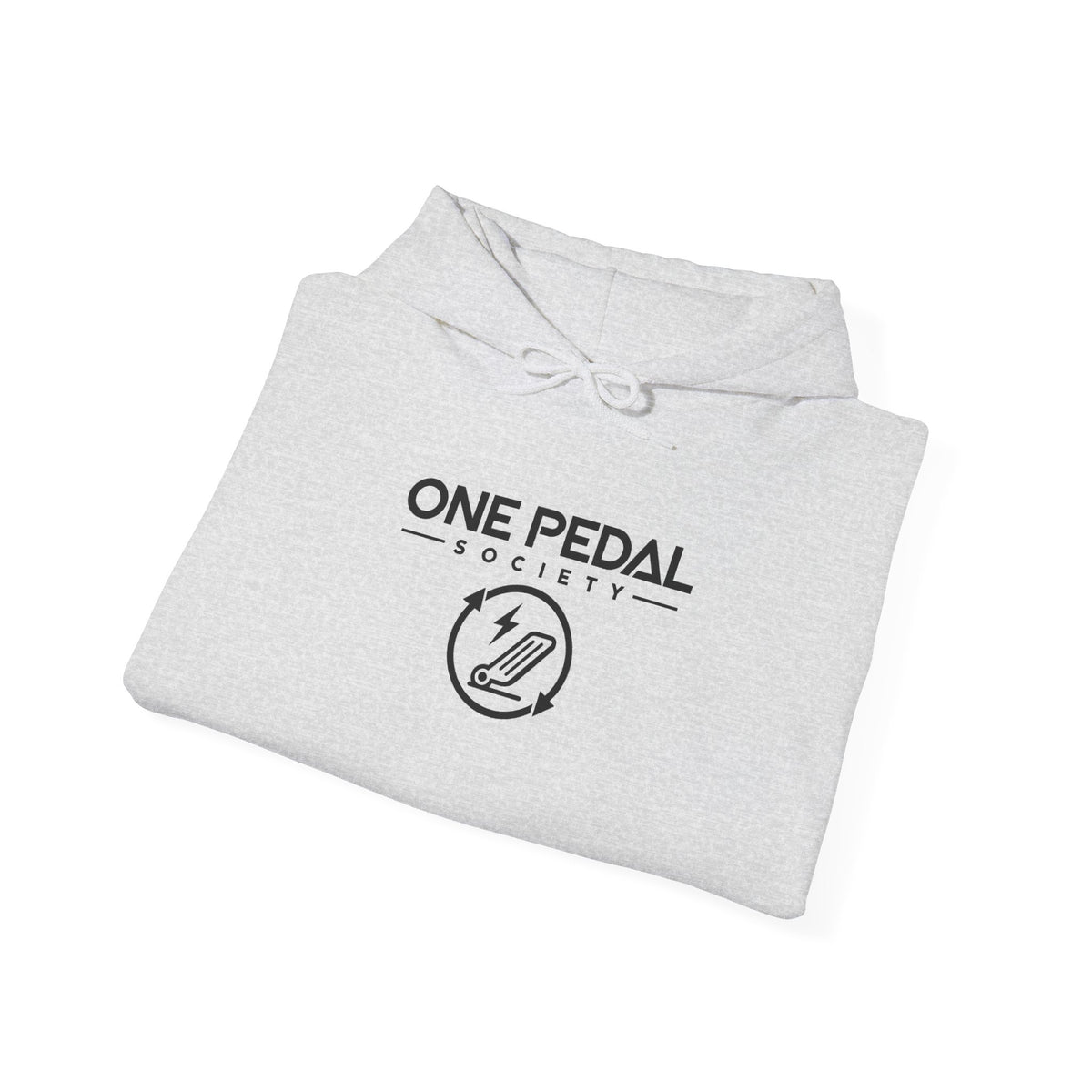 Light gray hoodie folded with front logo print and drawstring hood
