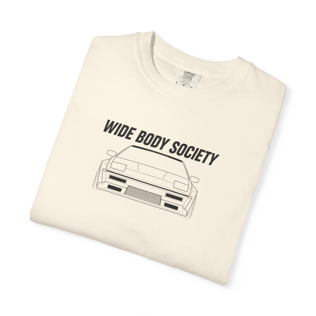 Ivory JDM t-shirt, front print with “WIDE BODY SOCIETY” and car graphic.