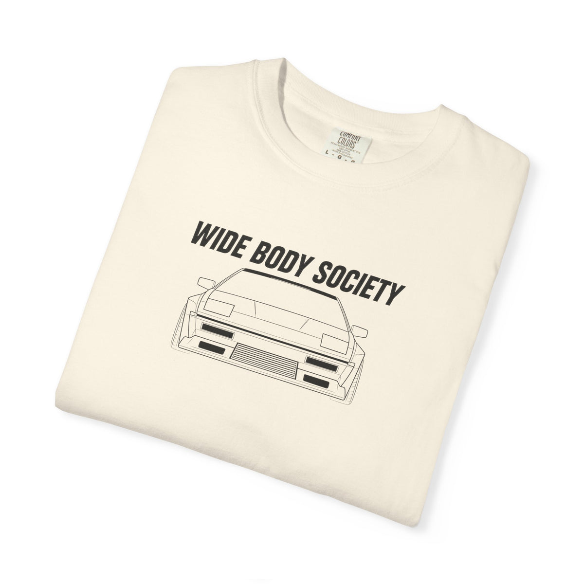 Ivory JDM t-shirt, front print with “WIDE BODY SOCIETY” and car graphic.