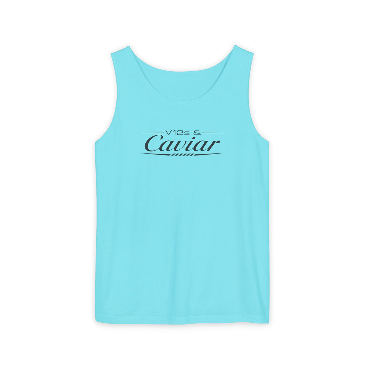Light blue tank top with “V12s Caviar” front graphic